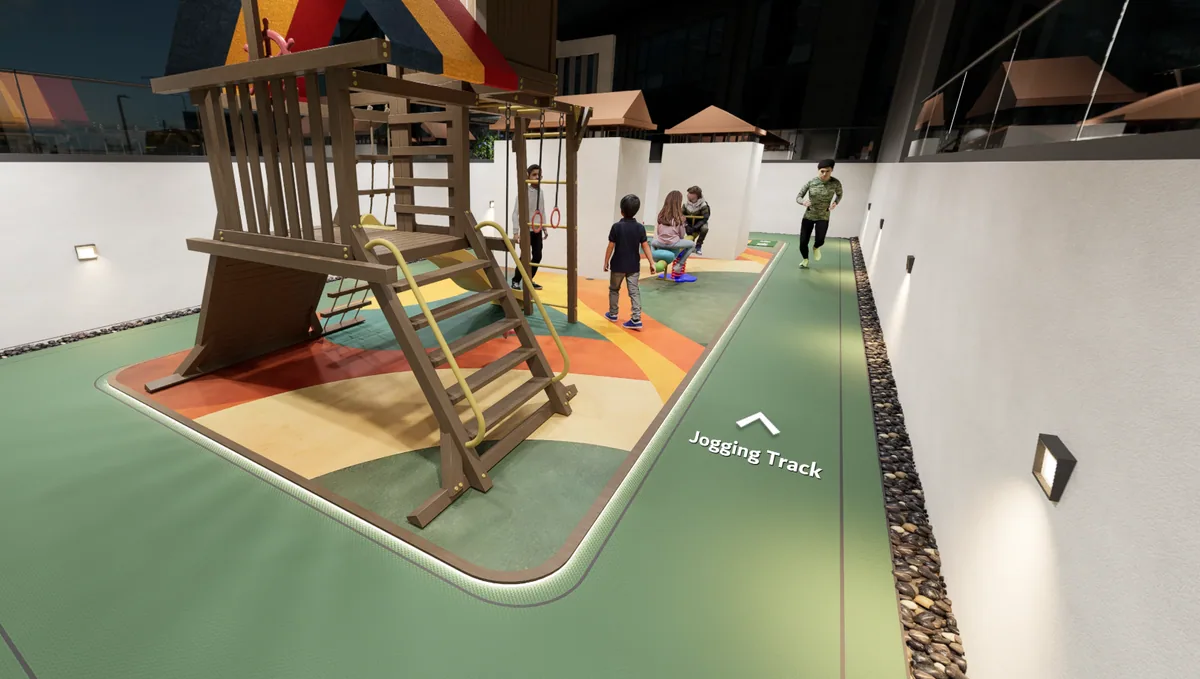 Podium-level children's play area with climbing frame and the jogging track running alongside