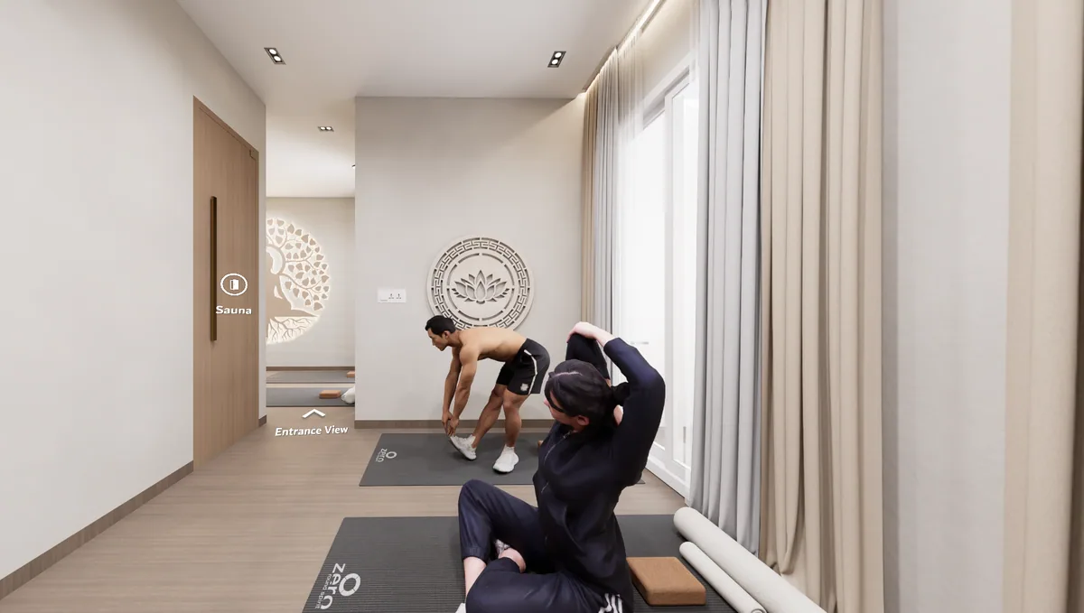 Naturally lit indoor yoga studio with sauna access