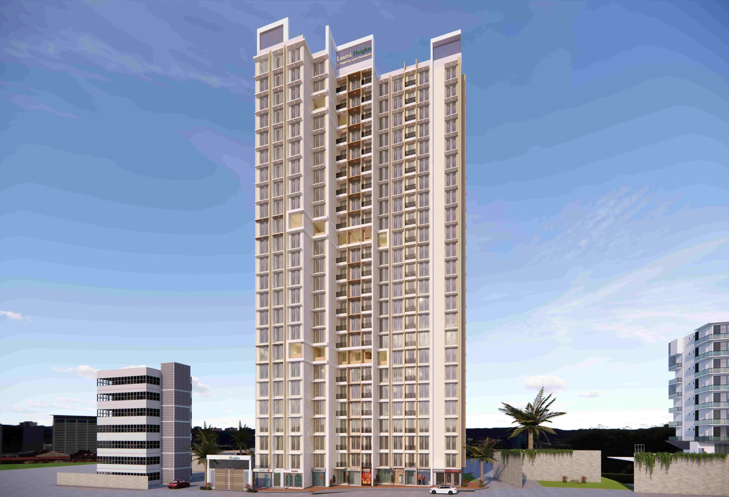 Laxmi Heights tower elevation against a clear sky