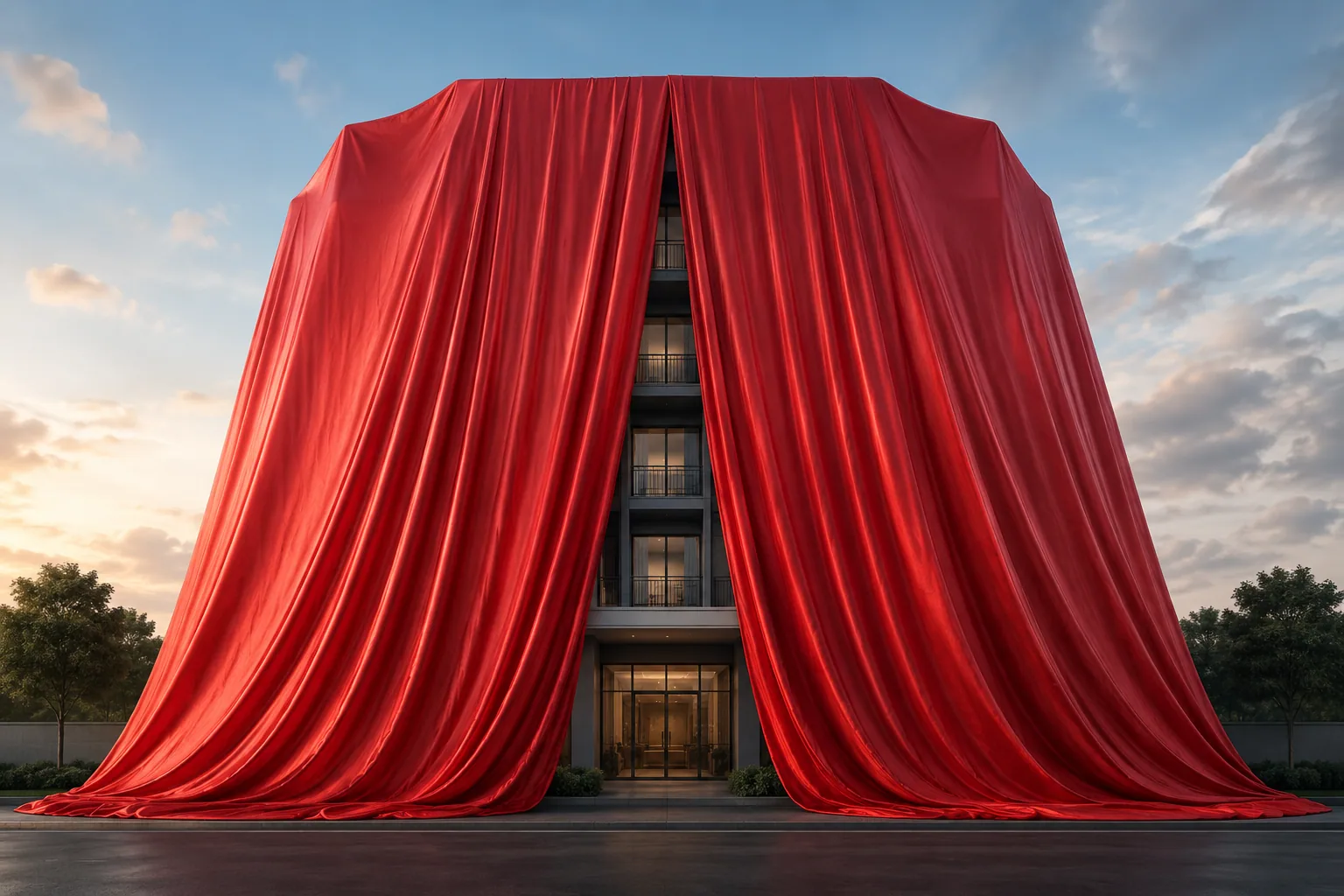 A new building draped in a red unveiling curtain