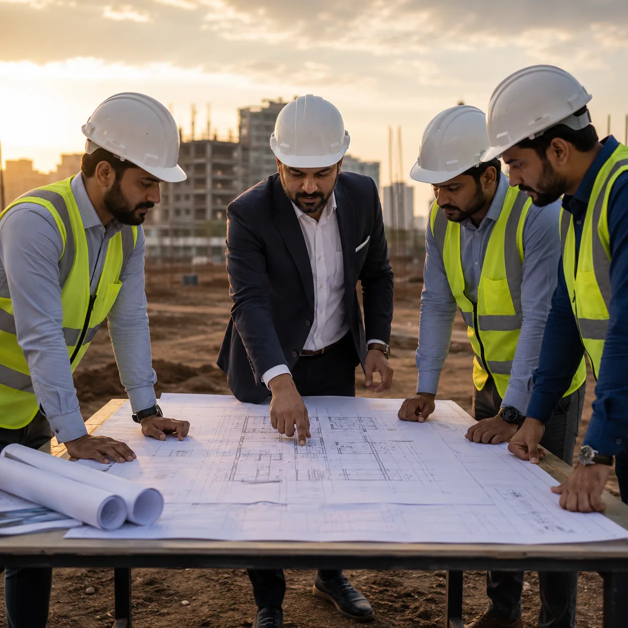 Laxmi Developers site team reviewing construction drawings
